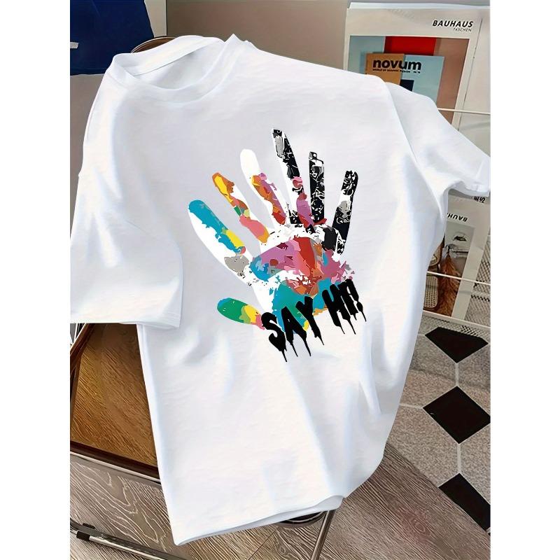 

European sizes Colorful Handprint Graphic T-Shirt - Short Sleeve Round Neck Casual Summer Top with Vibrant Paint Splatter Design, 164cm