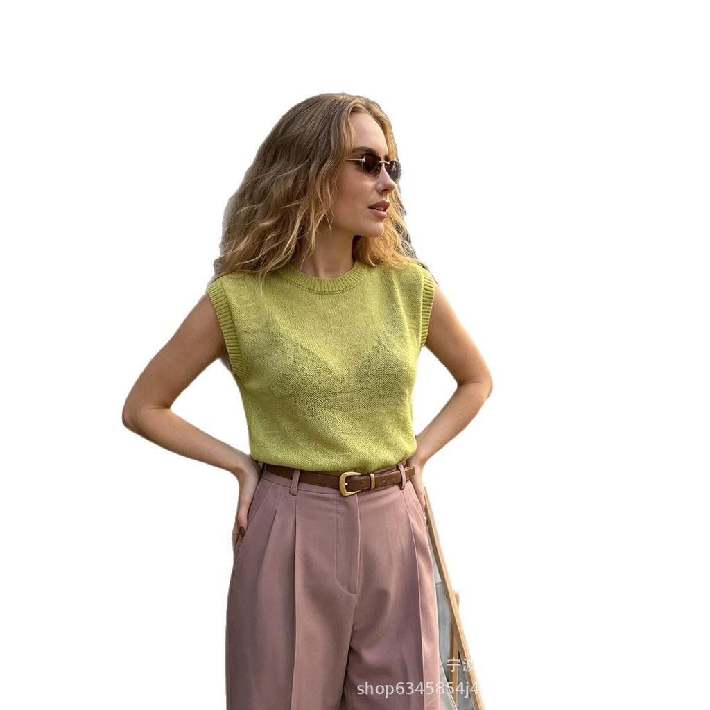 European and American new products round neck solid color thin pullover sleeveless knitted sweater women's season versatile vest top