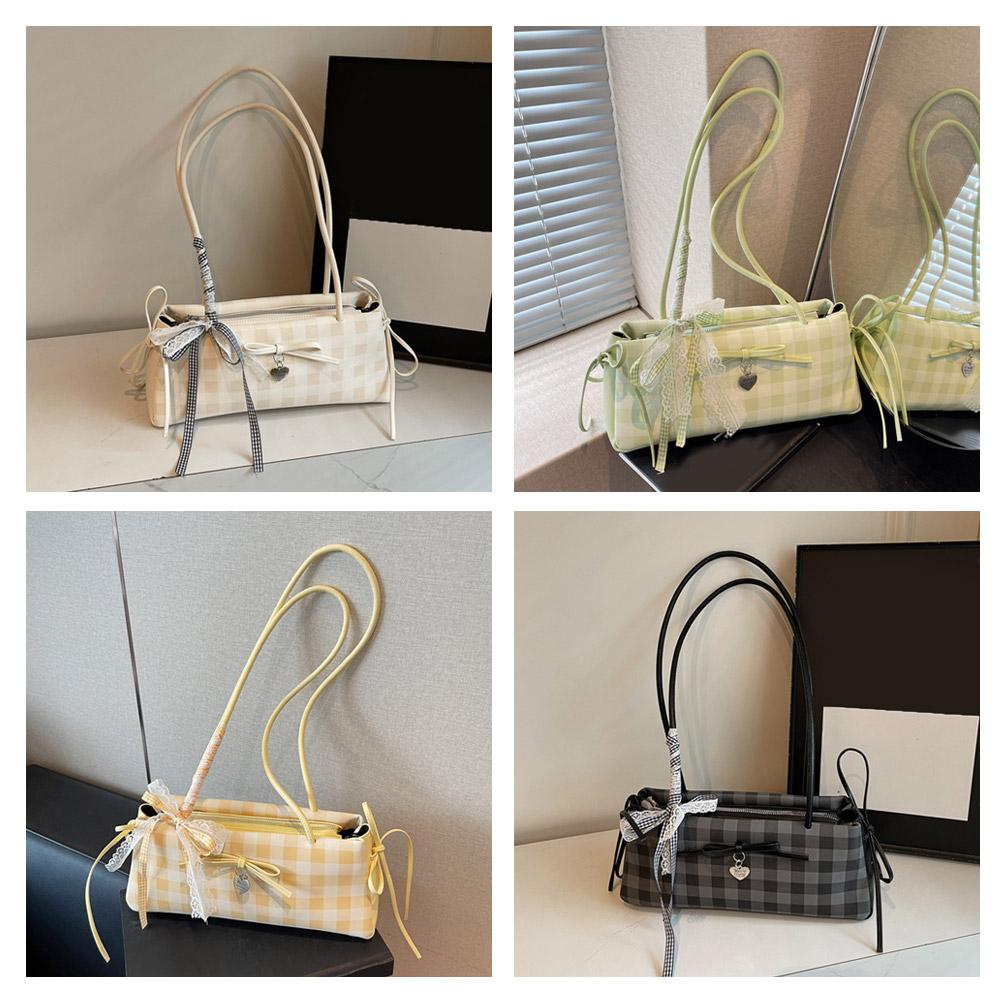 Bow Lace Ribbon Shoulder Bag Fashion Heart-shaped Pendant Grid French Underarm Pouch Tote Bag Handbag Daily Commuting Bag