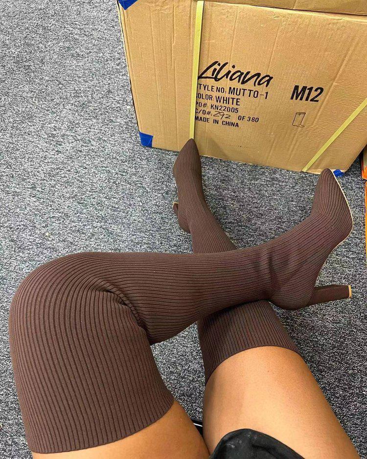 Women's Knit Pointed-Toe Chunky Heel Over-the-Knee Elastic Wool Boots