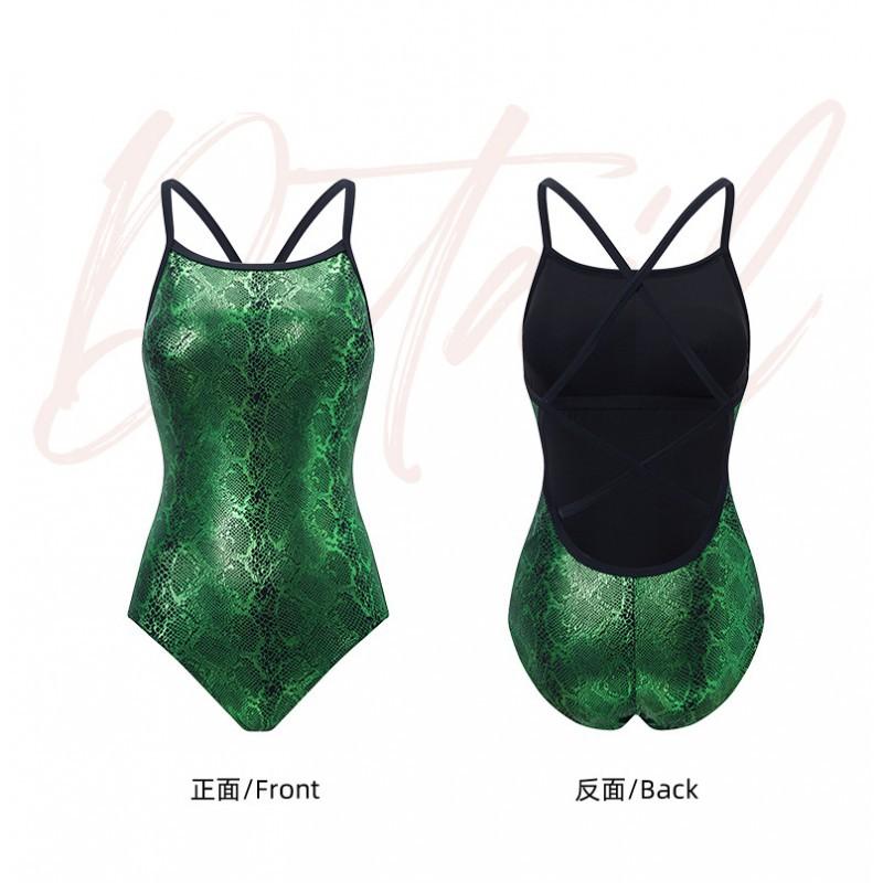 Green Snake-pattern Racing Swimsuit Women's Swimming Pool Sports One-piece Triangular Low Split Belly Cover Slimming Hot