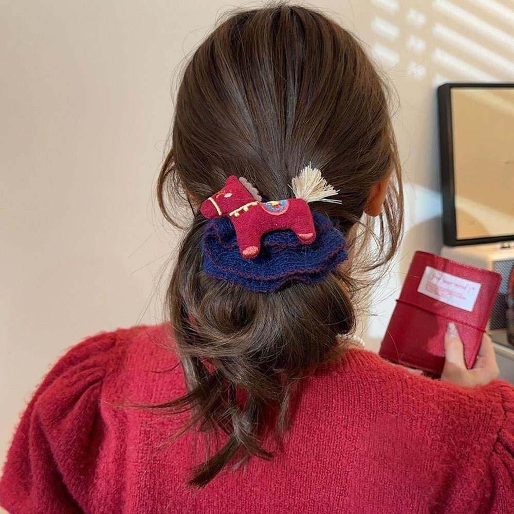 Embroidered Cartoon Animal Hair Rope Large Intestine Circle Bun Rubber Bands Horse Scrunchie  Women