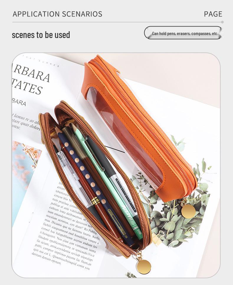 Transparent PU Leather Pencil Case with Window - 3D Stationery & Makeup Bag, Portable Storage Box