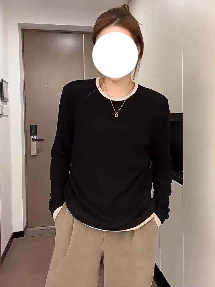 Maillard Color Block Fake Two-Piece Long Sleeve Velvet Base Shirt - Autumn/Winter Hong Kong Style for Women
