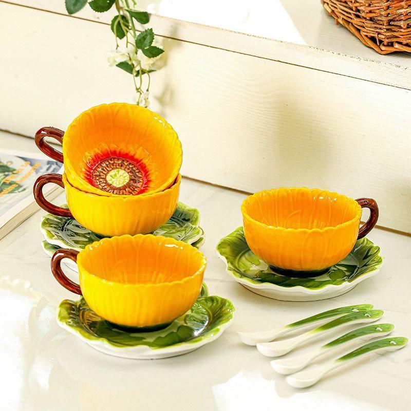 Kreative Sonnenblumenform Keramik Kaffeetasse Teekanne Tasse Zarte Blumige Emaille Farbe Teetasse Büro Tasse Trinkgeschirr Geburtstagsgeschenk