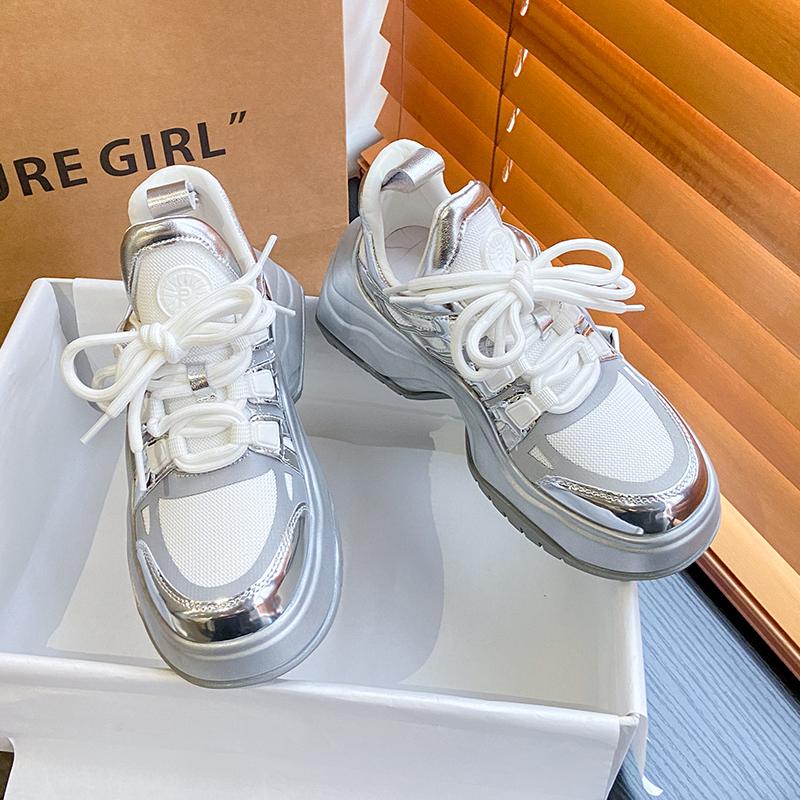 Fashion Women Silver Sneakers Lace Up Platform Brand High Quality Casual Sports Thick Bottom Shoes Outdoor Running Tennis Shoes 35-40