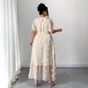 Plus Size Apricot V-neck Puff Sleeve Floral Chiffon Maxi Dress