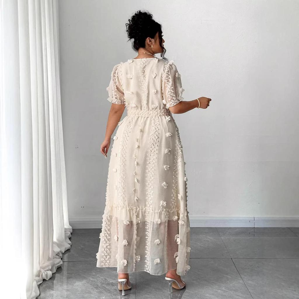 Plus Size Apricot V-neck Puff Sleeve Floral Chiffon Maxi Dress