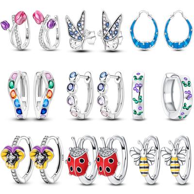 100 %925 Silver Earrings Bee Flower Butterfly U Shape Blue Zircon Jewelry For Sparkling Hoop Earrings Wedding 