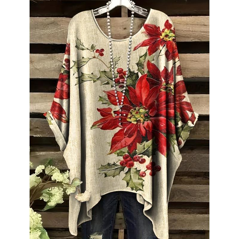 Women's T-Shirt Vintage Floral Pattern Printed Asymmetrical Hem O-Neck Short Sleeve Top Casual Fashion Street Outdoor Tops