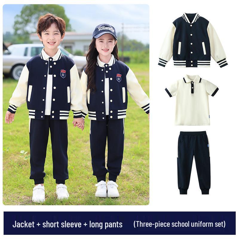 Conjunto de Uniforme Esportivo Infantil Azul Marinho: Conjunto de Três Peças Outono/Inverno para Jardim de Infância e Ensino Fundamental