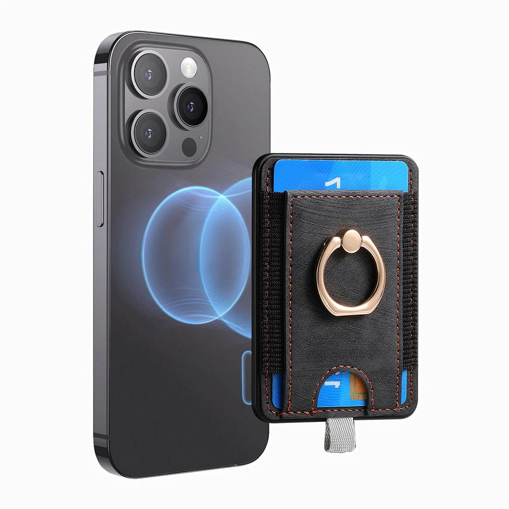 MC-W6 Universal Magnetic Card Holder with Ring Kickstand PU Leather Phone Card Bag