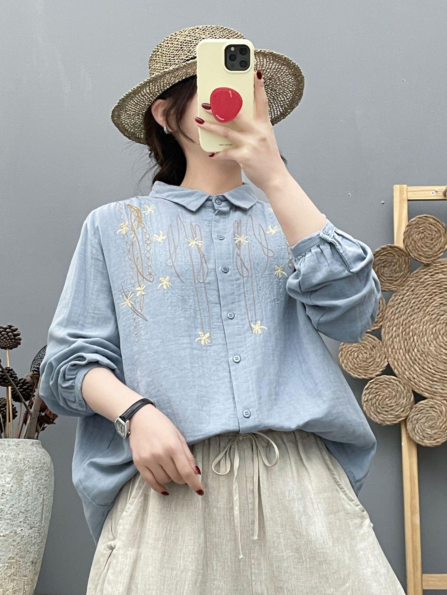 Women s Early Spring Cotton Gauze Embroidered Lapel Shirt - Long Sleeve, Loose Fit, Versatile Large синий