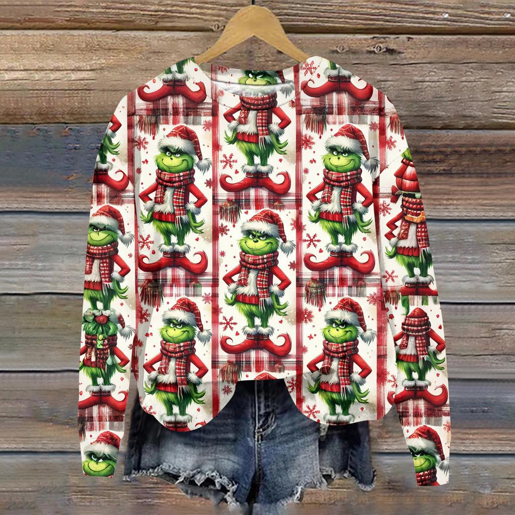 Hanorac sport casual de damă cu mânecă lungă și gât rotund, cu imprimeu Greentown de Crăciun