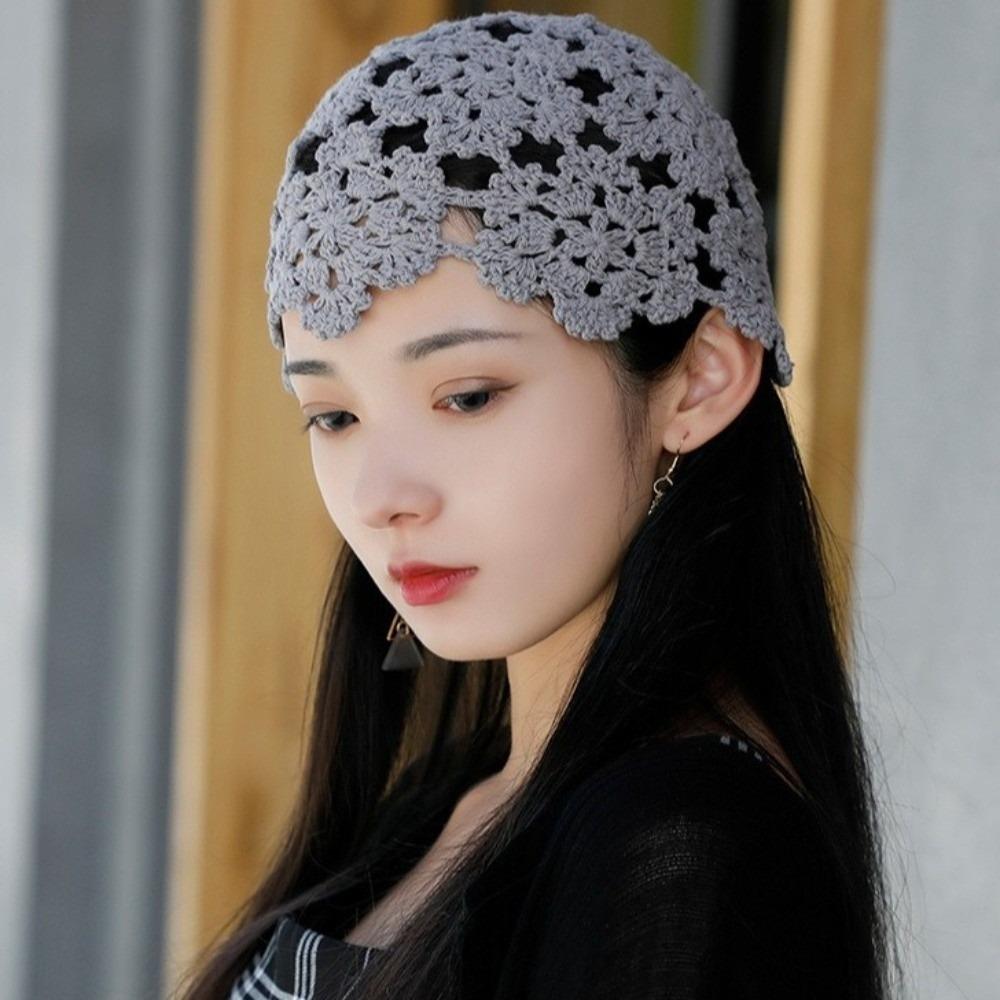 Solid Color Knit Skullies Caps Hollow Beanies Cap Casual Crochet Flower Hat Ladies