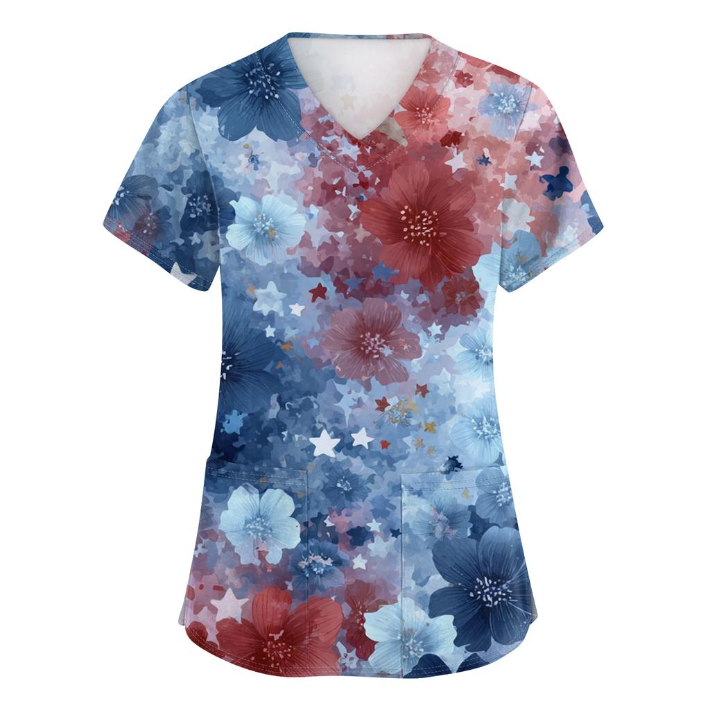 Women's Fashionable V-Neck Short-Sleeved Work Top With Pockets And Independence Day Print  Uniform