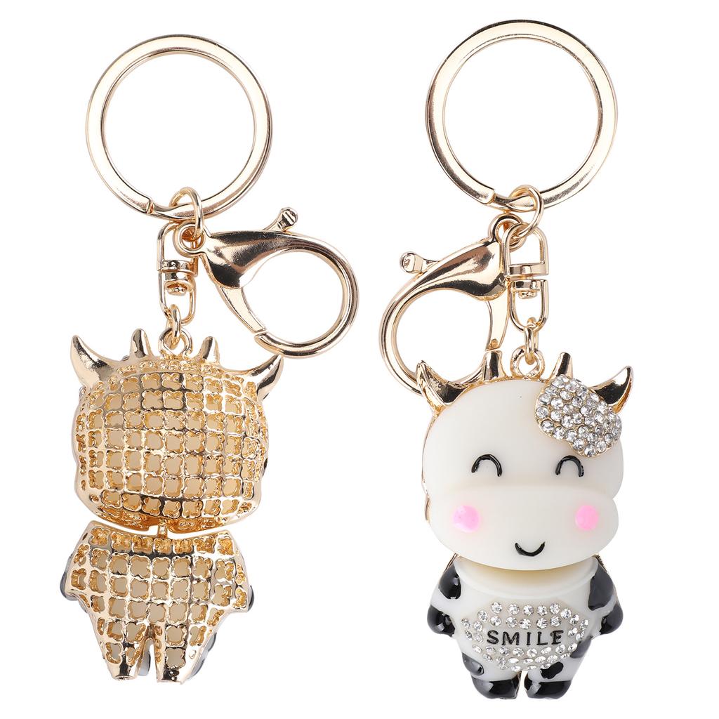 2Pcs Keychain Pendant Cartoon DiamondStudded Resin Small Cow Shape Metal Key   Decoration(White )