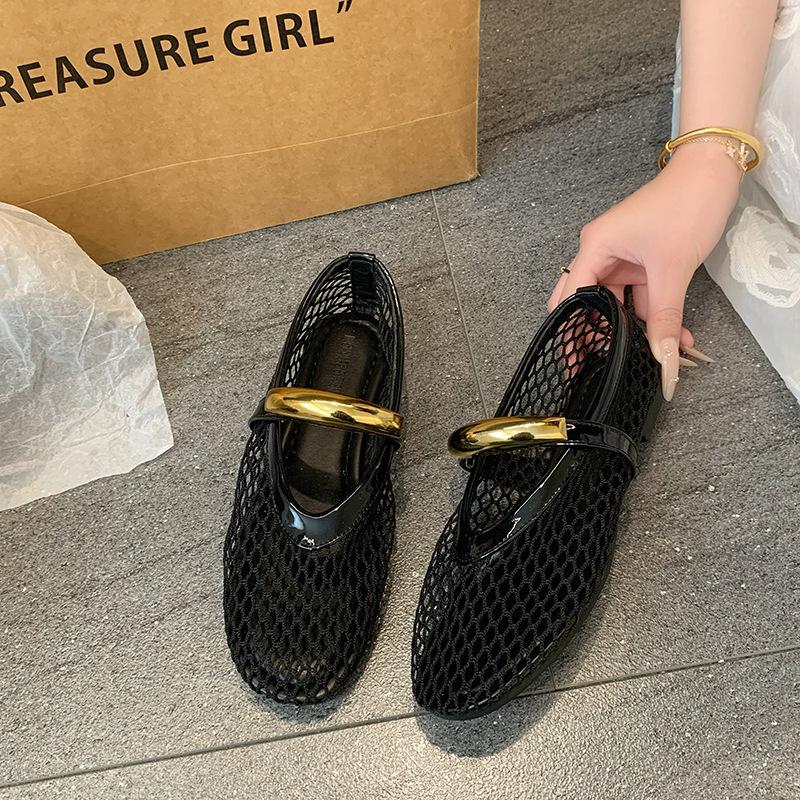 

Дышащие одинарные туфли-сетка на плоской подошве женские 2025 новая летняя полая Мэри Джейн нежные вечерние туфли сандалии с закрытым носком 43 чёрный