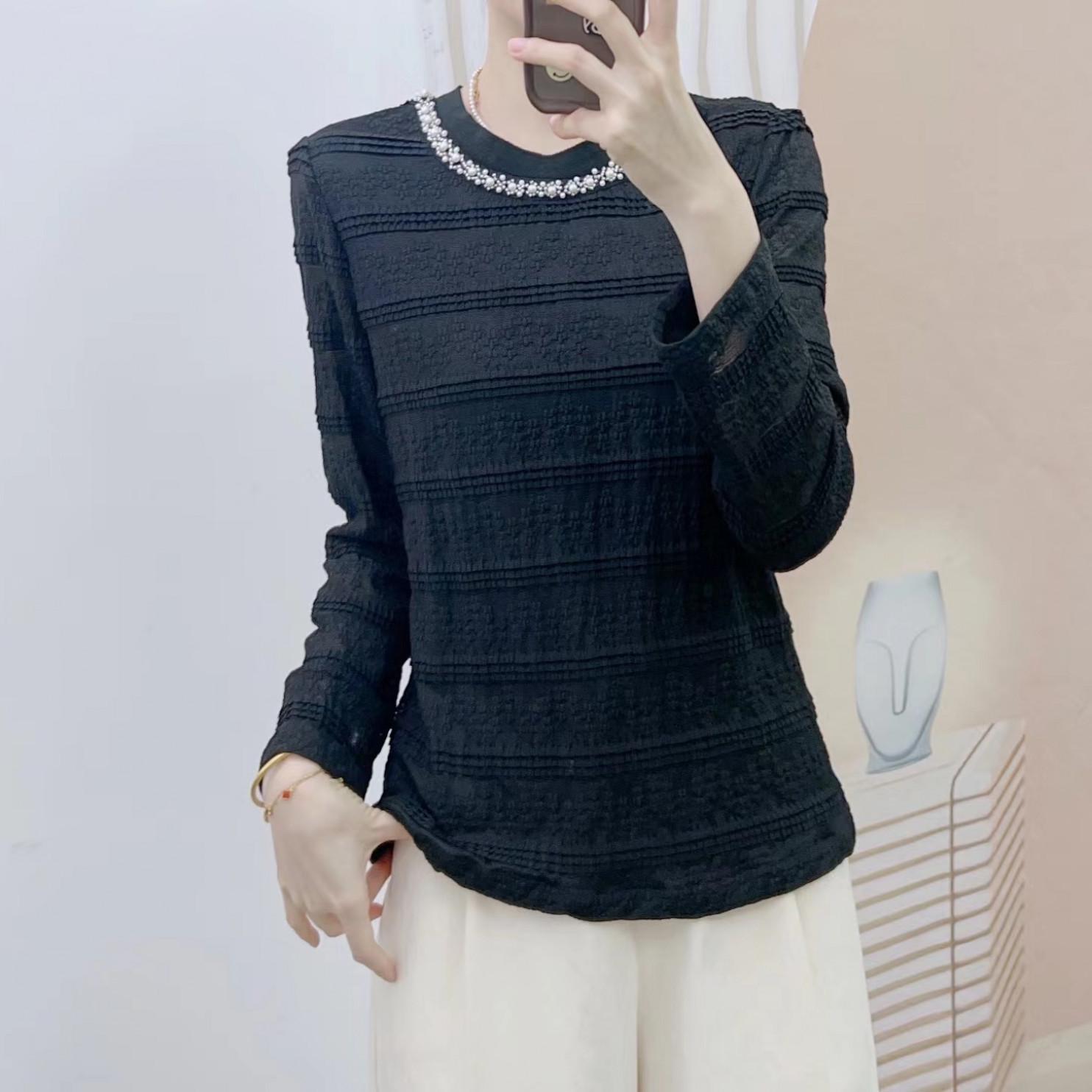 Spring 2026 Elegant Lace Long Sleeve Round Neck Top XL (90-110 jin) чёрный