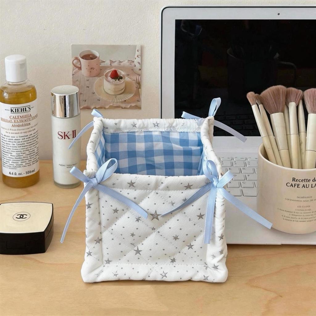 Korean Pink Plaid Quilted Storage Basket - Aesthetic Living Room & Bedside Organizer