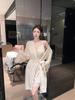 Sexy pajamas women's autumn and winter golden velvet suspender nightgown set swinging collar French slim and thin loungewear