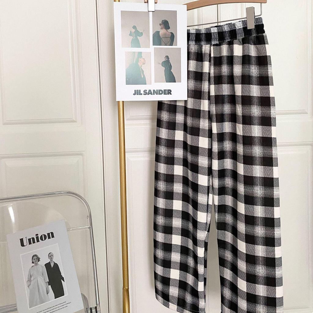 Women's High-Waisted Fleece-Lined Wide-Leg Plaid Pants for Autumn and Winter