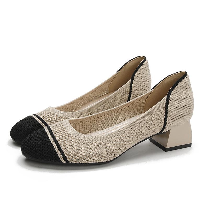 New hollow comfortable casual round head shallow mouth knitted foot thick heel high heel women's single shoes