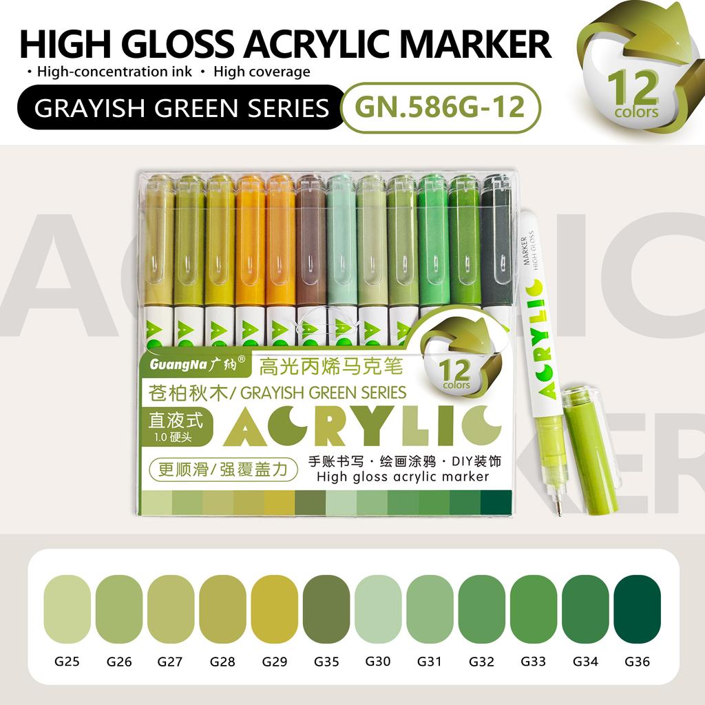 GuangNa 12 Colors/box Direct Liquid Hardhead High-gloss Acrylic Marker, for Student Notebook Writing, DIY Painting Graffiti