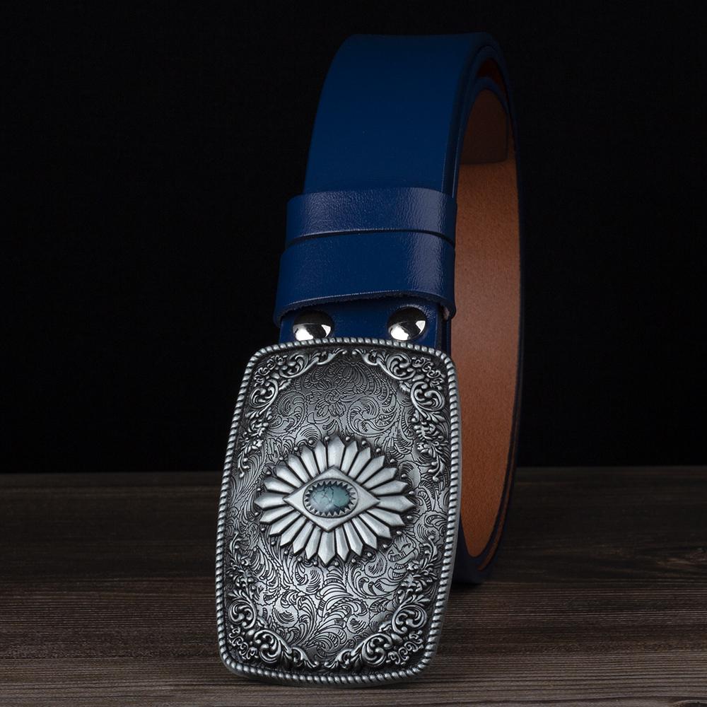 Classical Silver Carved Flower Pattern Buckle Enamel Sapphire Genuine Leather Belt For Women Men Belts Gift