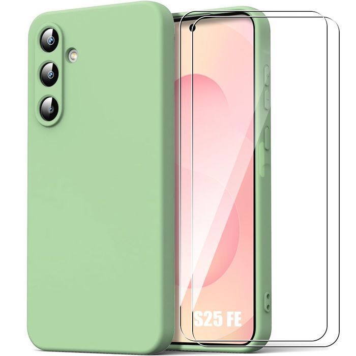 Coque de Protection - BOOLING - pour Samsung Galaxy S25 FE - Silicone Slim Souple Vert - 2 Verres Trempés