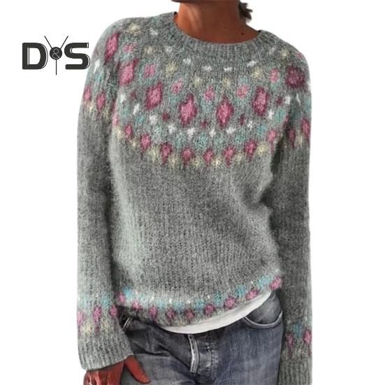 

Женский свитер с круглым вырезом, длинный рукав, пэчворк, цветной вязаный джемпер, свободный крой, повседневный трикотаж L светло-серый