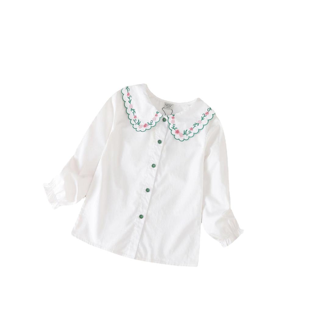 Academy Style Girls' Thin Shirt with Doll Collar & Embroidery – Autumn Collection for Older Children