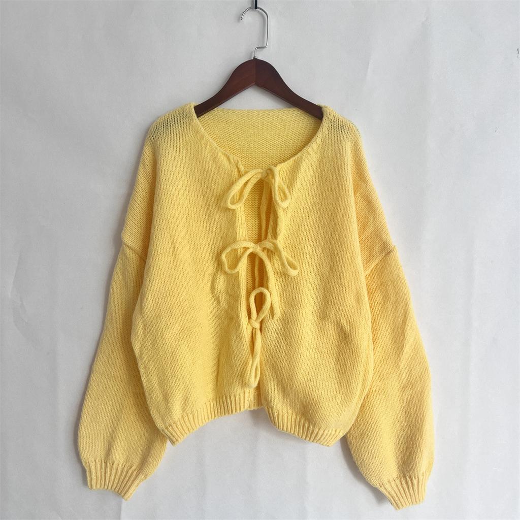 Women's Classic Tie-Front Knit Cardigan - Solid Color Round Neck Sweater Casual Pullover