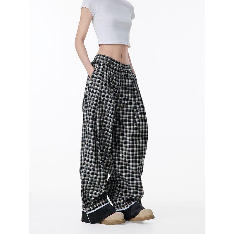 Black of Exit American Retro Plaid Cuffed Casual Pants for Men and Women, Loose and Lazy Wide-Leg Floor-Length Pants