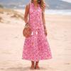 Women Sleeveless V Neck Tassel Tie Printed Dress Relaxed Fit Holiday Style Flowy Waist Tank Dress for Summer Beachwear