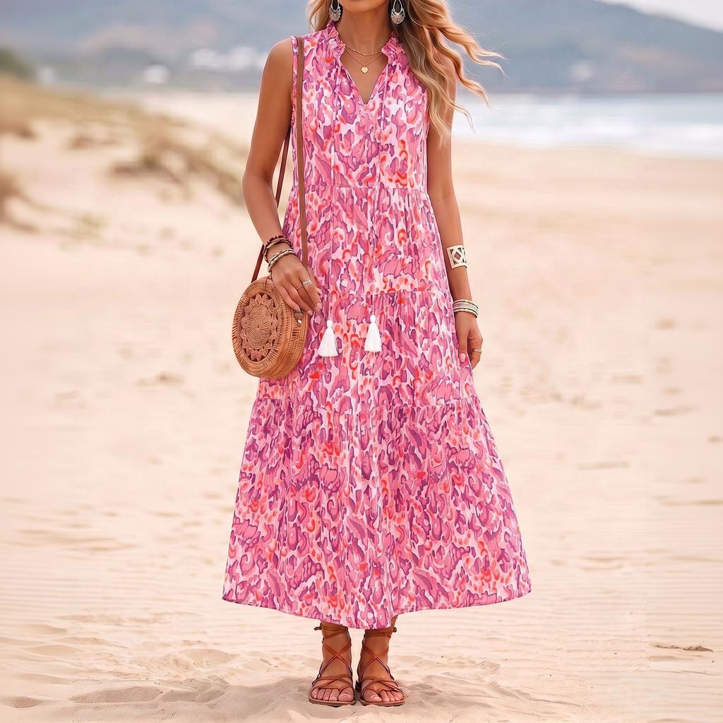 Women Sleeveless V Neck Tassel Tie Printed Dress Relaxed Fit Holiday Style Flowy Waist Tank Dress for Summer Beachwear