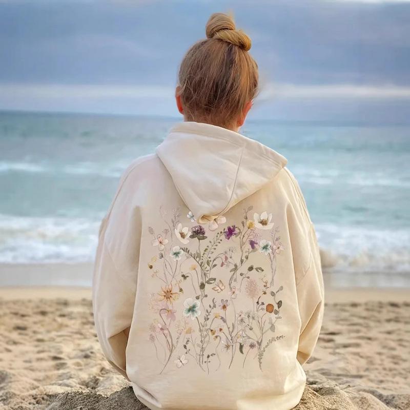 2025 Trendy Floral Print Casual Loose Pullover Plus Size Hoodie Sweater