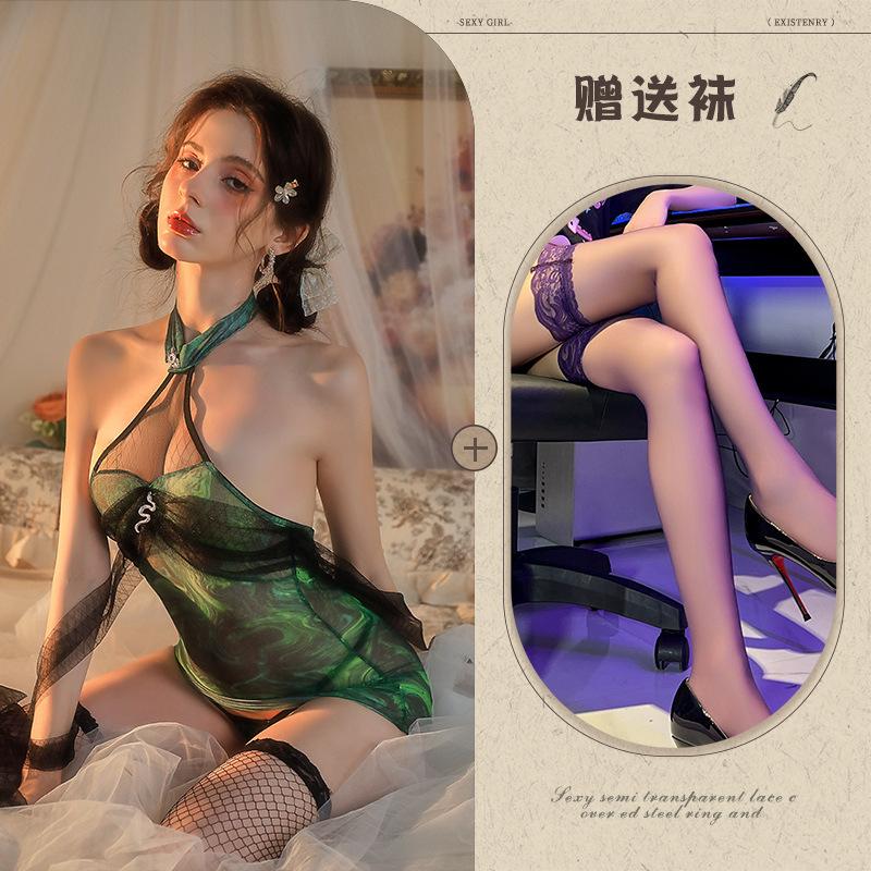 Fairy green snake cheongsam cos sexy stand-up collar hanging neck silk see-through hip wrap uniform reticulated dress