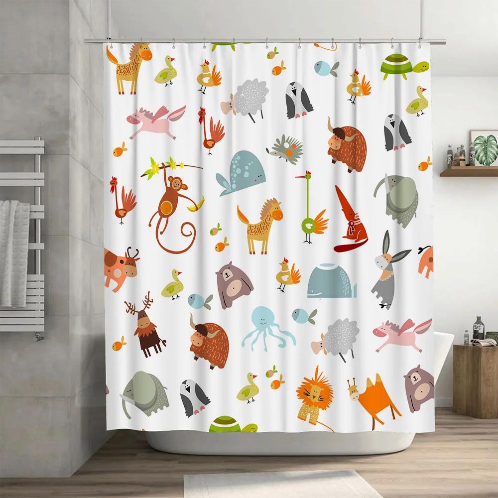Animal Print Shower Curtain Set Cartoon Animal Designs for Kids Bathroom Decor – Waterproof Fabric with Hooks (White)