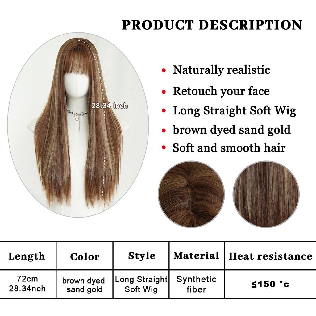 New Highlighted Brown Long Straight Wig for Women - Full Bangs One-Length Cut JK Schoolgirl Style Rejuvenating Daily Wear Full Cap Wig