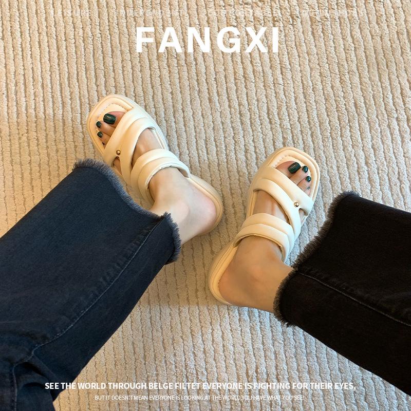 Sheepskin Stepping On Shit Feeling High Heel Cool Slippers Women's Summer Wear Thick-soled Beach Slippers One-word Open-toe Casual Muffin Shoes