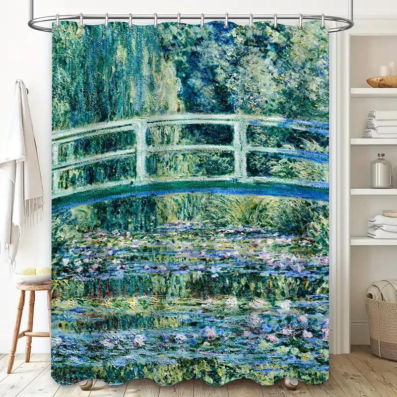 Artystyczna Zasłona Prysznicowa Ogród Wodny Wysokiej Jakości Design Niebieskiego Mostu do Dekoracji Łazienki