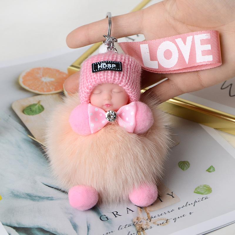 Pompom Sleeping Doll Keychain Cute Fluffy Plush Doll Keychains Women Girl Bags Keyrings Cars Key Ring Gift Charming Decoration