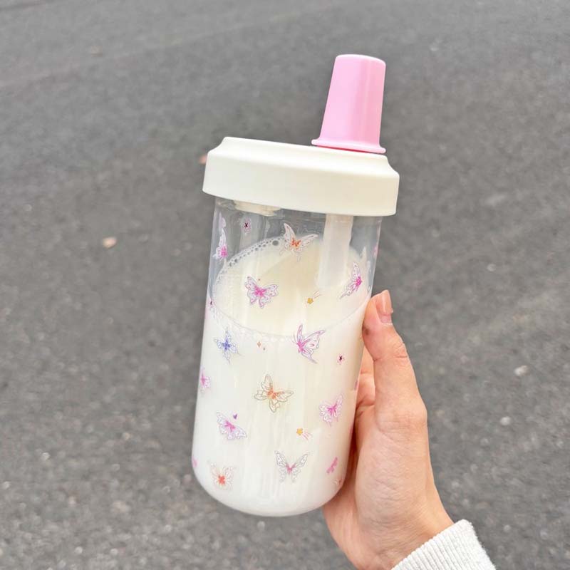 Bouteille d'eau en plastique Kawaii avec nœud de 500 ml avec paille, tasse d'eau pour thé aux bulles d'été pour femmes, étudiants, tasse à café, thé au lait aux perles, tasse à jus