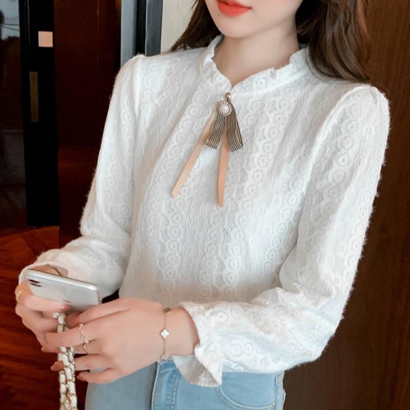 Women's Autumn/Winter Lace Half-High Neck Shirt with Velvet - 2023 Trendy Innerwear Fashion Top