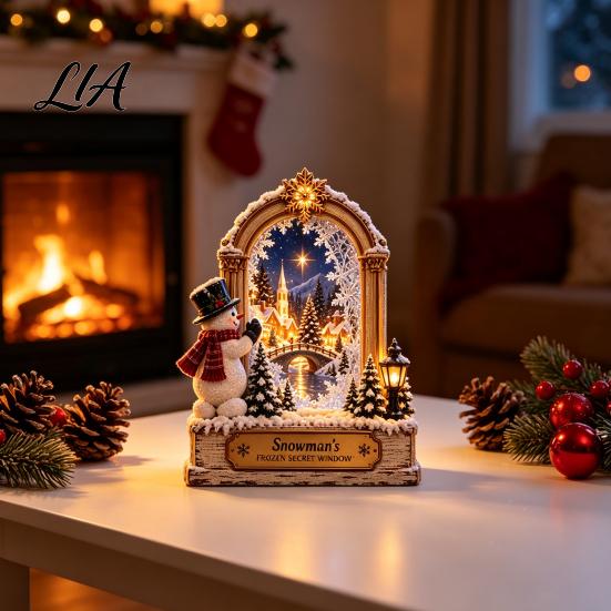 Holiday Party Table Settings Christmas Wooden Window Scene Figurine, Double-Sided Print Sign with Santa Workshop Indoor Displays Snow Town Train,