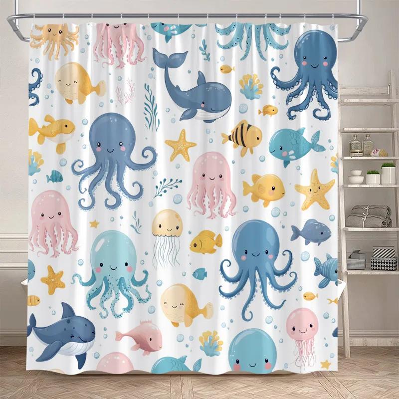 Ocean Fish Shower Curtains Watercolour Coral Sea Animals Kids Bath Curtain Polyester Cloth Modern Home Bathroom Decor with Hooks