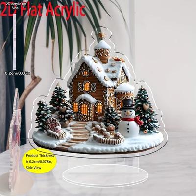 2D Flat Acrylic Gingerbread House Village Winter Scene Desktop Decoration, Snowman & Miniature Trees, Suitable for Wall Decoration, Porch, Room, Villa