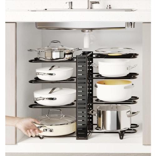 LUCKYSHIN Pot Storage Rack, 8-Tier Frying Pan Rack, Multi-Function Storage, Under-Sink Storage, Vertical or Horizontal, Kitchen Storage Rack, Pot Lid