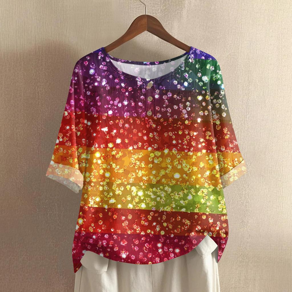 Women's Carnival Printed Casual Mid Sleeve Round Neck Cotton And Hemp Top